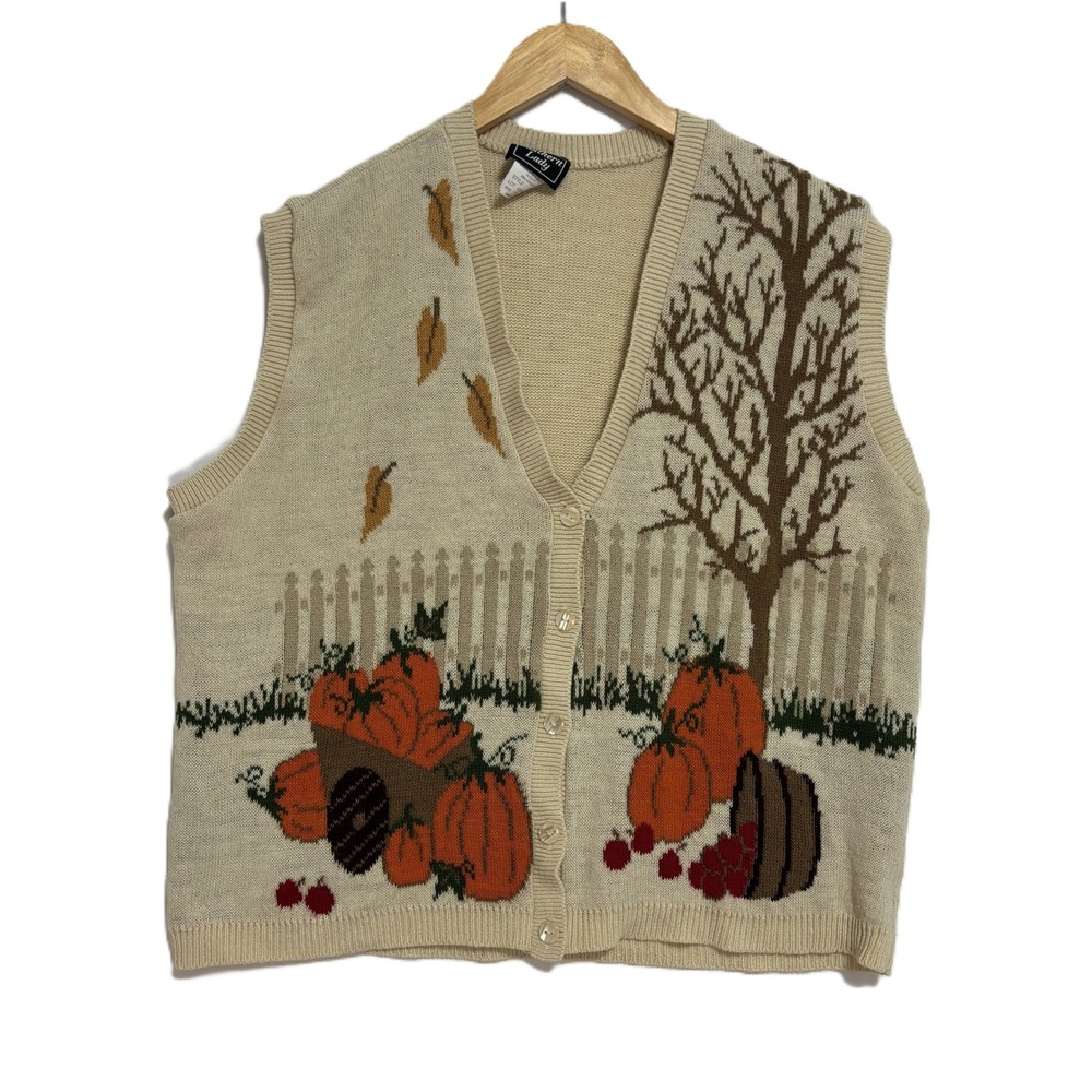 VTG Southern Lady Sweater Vest Beige Pumpkin Harvest Fall Novelty Grandma USA XL